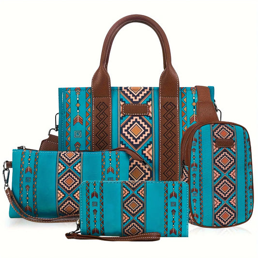 4PCS Women’s Purse Tote Set 💼 Retro Work Satchel + Lightweight Boho Chic Everyday Bags (Green)
