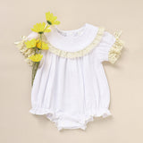 Baby Girl White Lace Romper 👶✨ Short-Sleeve Bubble Jumpsuit for Summer & Weddings 💒☀️