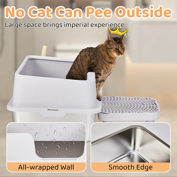 Extra-Large Stainless Steel & Plastic Litter Box with Snap-On Enclosure, Spatula & Foot Pad – Grey (61 × 40 × 33 cm)