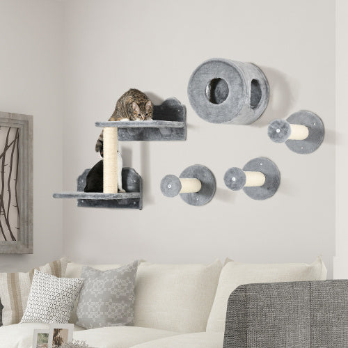 5-Piece Cat Wall Shelves Set – Wall-Mounted Climbing Activity Center with Condo, Cushion, Scratching Post & Jump Platforms