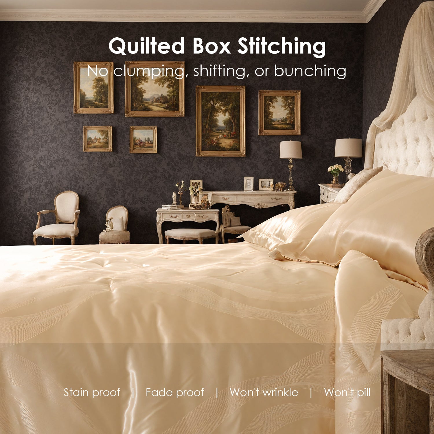 Luxurious Satin Microfiber Bedding Set – Double-Sided Jacquard Italian-Style Gold with Ultra-Shine, 3-Piece King-Size Quilt Cover & Pillowcase, Machine-Washable