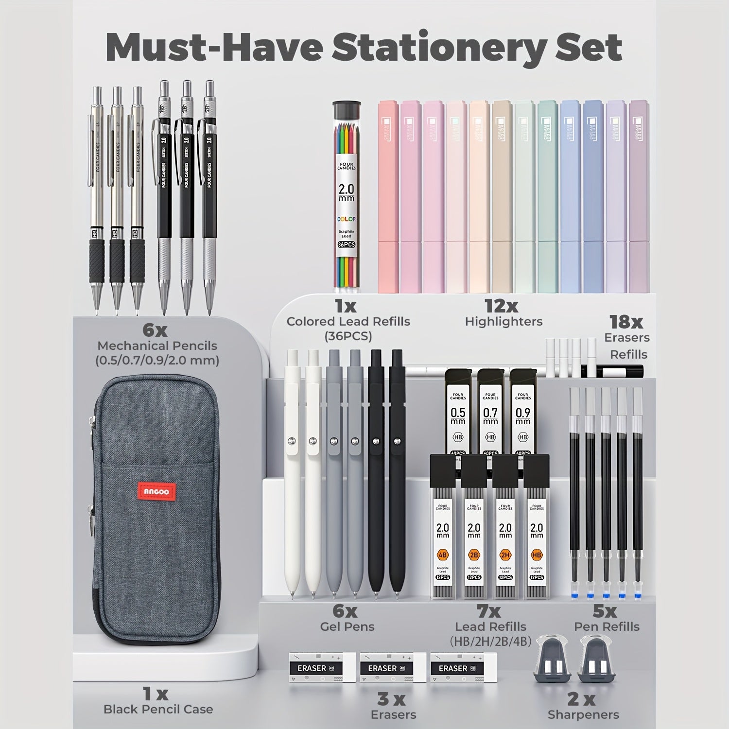 Ultimate 45-Piece School Stationery Kit – Gel Pens, Mechanical Pencils, Highlighters & Pen Case
