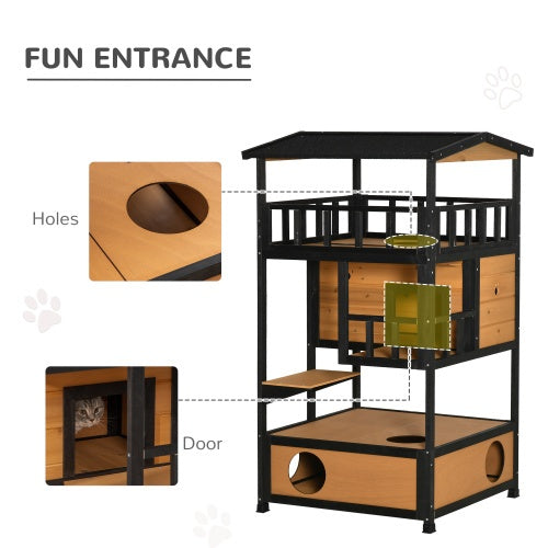Wooden Outdoor Cat House – Weatherproof Wild Cat Shelter with Multi-Level Kitten Tree & Safe Resting Space