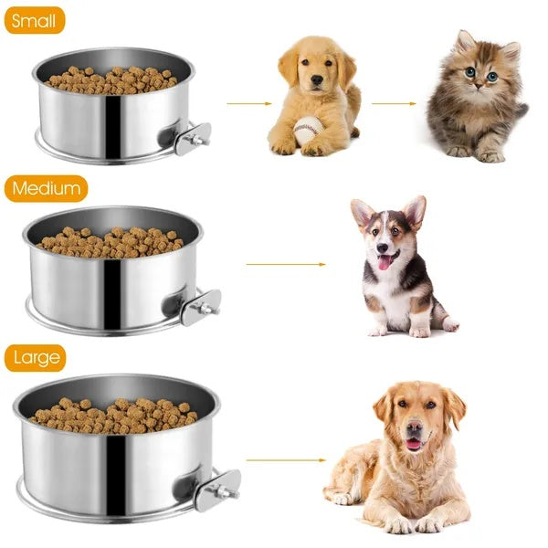Detachable Pet Cage Food & Water Bowl with Clamp Holder – Stainless Steel Feeding Cup for Dogs, Cats & Small Animals