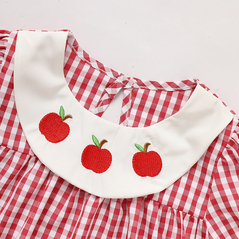 Toddler Kids Girls Back to School Dress – Smocked Collar Puff Sleeve Plaid Embroidered Outfit