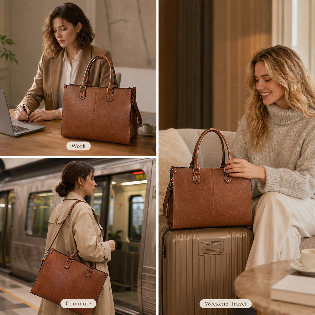 Vintage Brown 15.6-Inch Laptop Tote Bag for Women – Large Work & Business Handbag