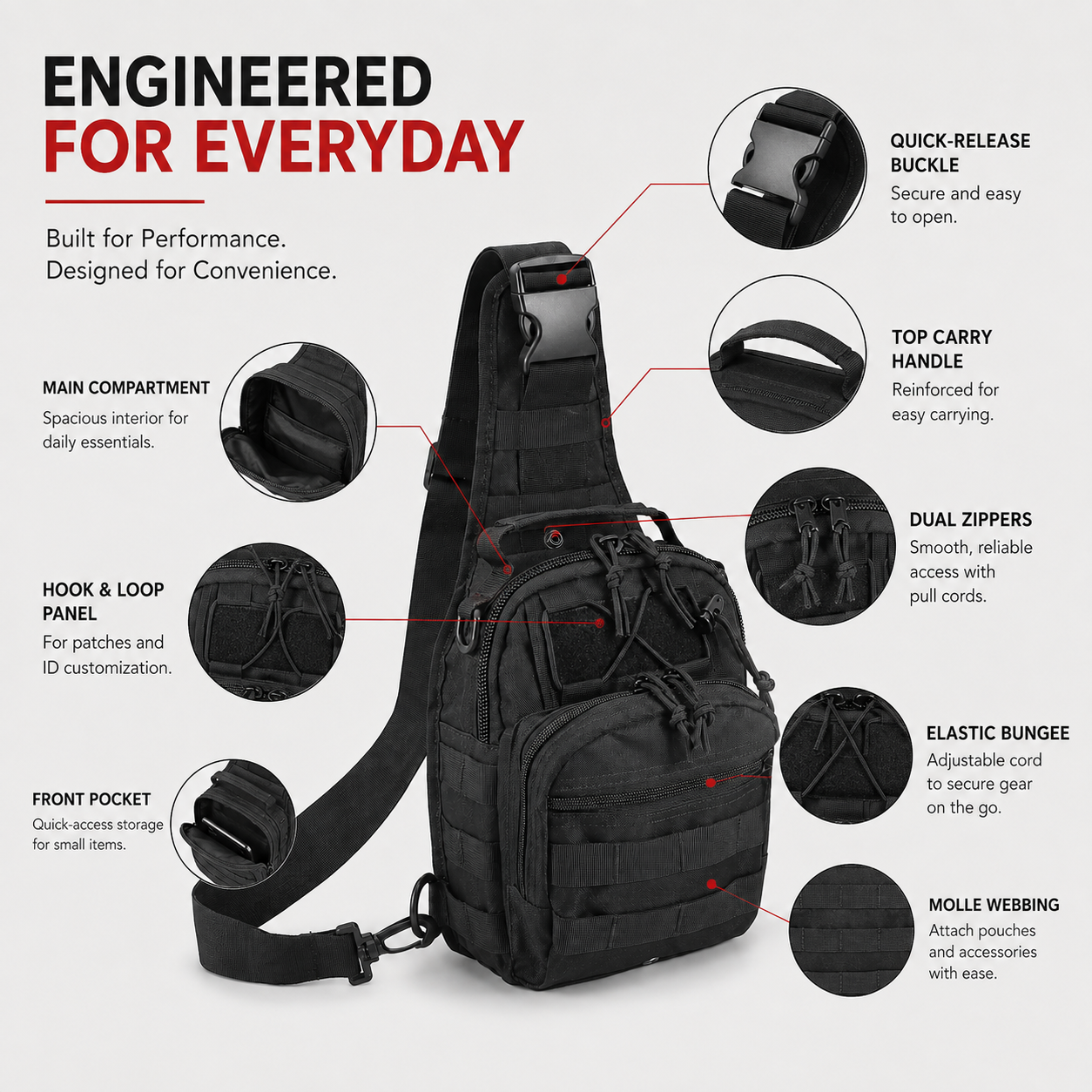 1000D Tactical Sling Bag with MOLLE Webbing – Compact Crossbody Chest Pack for Everyday Carry & Outdoor Use, Black
