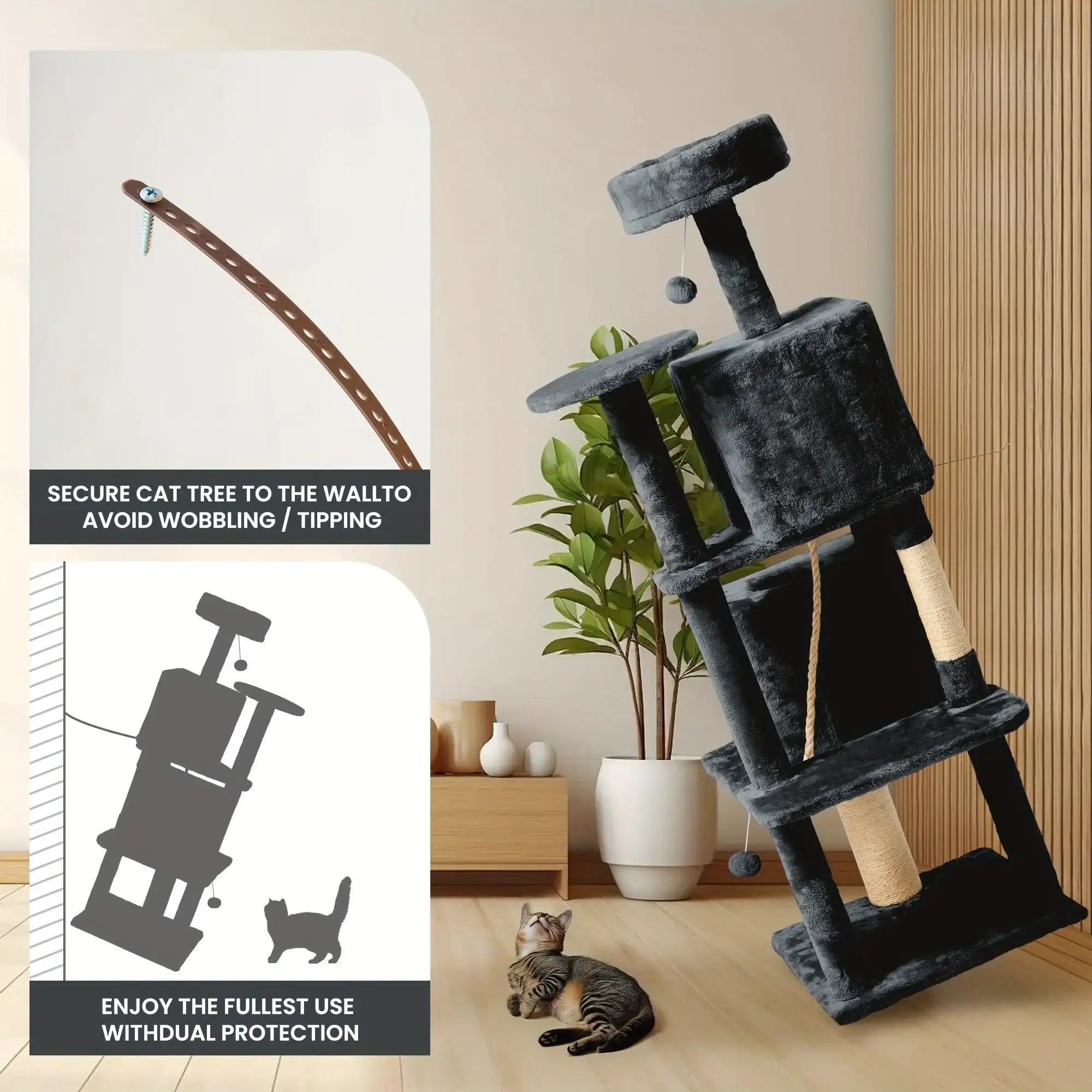 Dark Grey Multi-Level Cat Tree – Scratching Posts, Cozy Houses & Hanging Toys - PulinGO