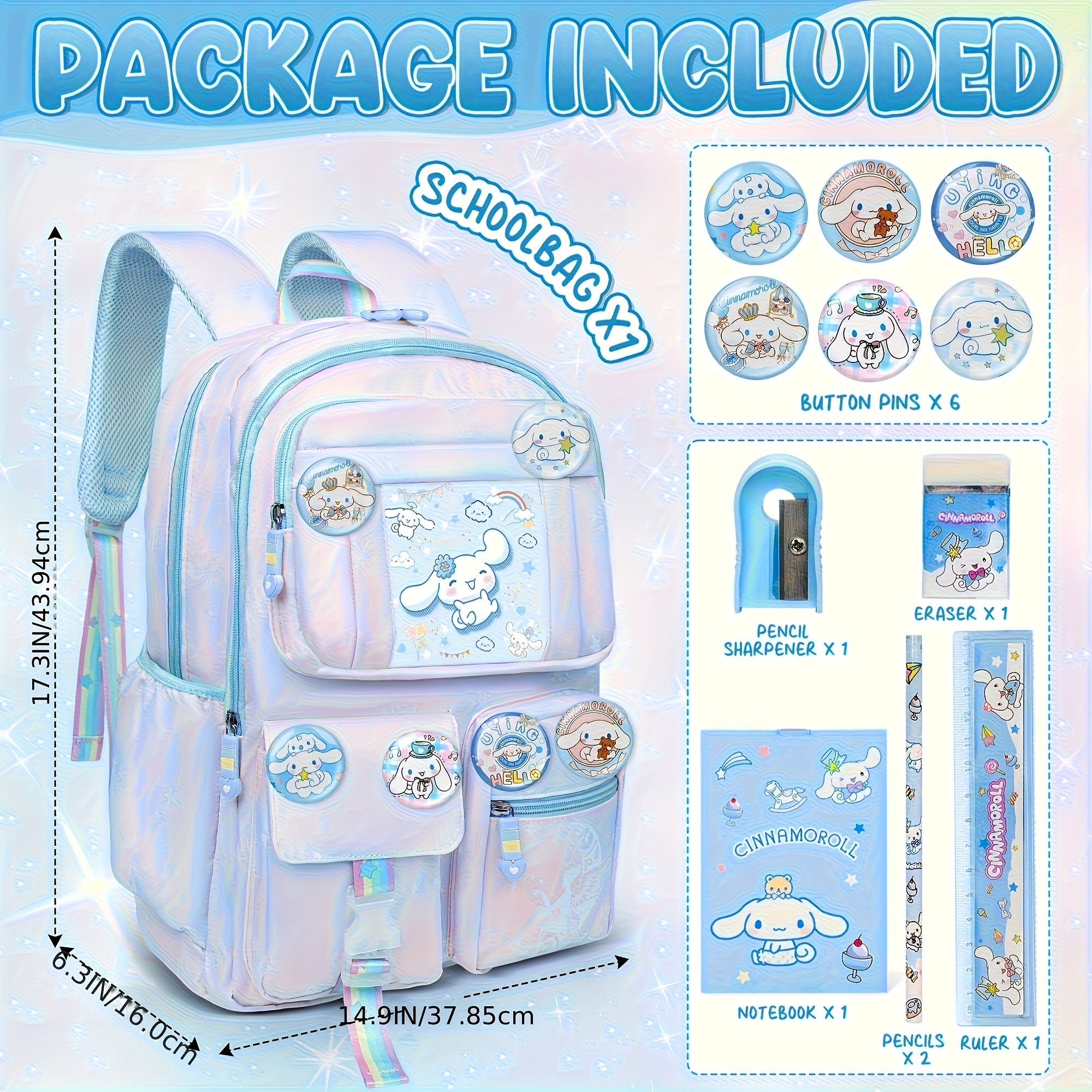Cinnamoroll Blue Backpack Set – Large Capacity Teen School Bag with 6 Badges & Stationery Cards