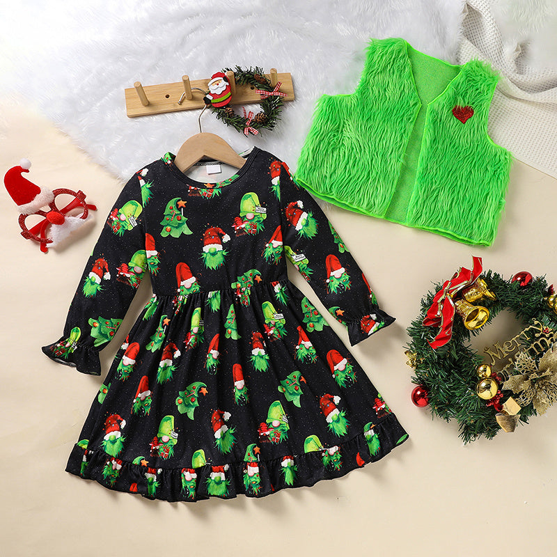 Toddler Kids Baby Girl Christmas Dress Set – Long Sleeve Cartoon Print Party Dress with Heart Print Vest Coat, Cute Holiday Outfit