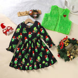 Toddler Kids Baby Girl Christmas Dress Set – Long Sleeve Cartoon Print Party Dress with Heart Print Vest Coat, Cute Holiday Outfit