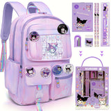 Kuromi Large‑Capacity Backpack Set – Purple Edition for Kids & Teens + 6 Badge Pins, Stationery Set & Plush Charm