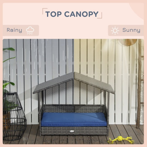 PawHut Wicker Dog House – Outdoor Rattan Bed with Canopy & Water-Resistant Cushion for Small & Medium Dogs