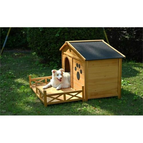48" Wooden Dog House with Porch – Outdoor/Indoor Kennel with Water-Resistant Asphalt Roof, Fencing & Paw Print Design