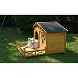 48" Wooden Dog House with Porch – Outdoor/Indoor Kennel with Water-Resistant Asphalt Roof, Fencing & Paw Print Design