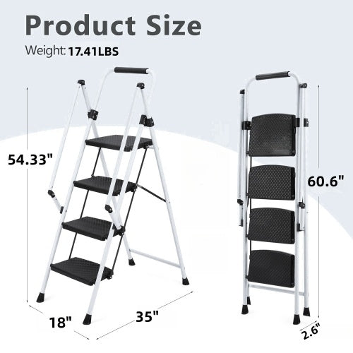 Durable 4-Step Folding Ladder with Safety Handle & Anti-Skid Pedals