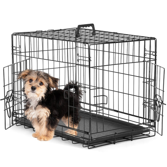 Dog Cage with Two Doors – Foldable Metal Crate with Removable Tray, Double-Locking System & Carry Handle for Small & Medium Dogs