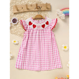 Baby Girl Valentine’s Day Dress – Pink Plaid Outfit with Heart Embroidery & Ruffle Sleeves