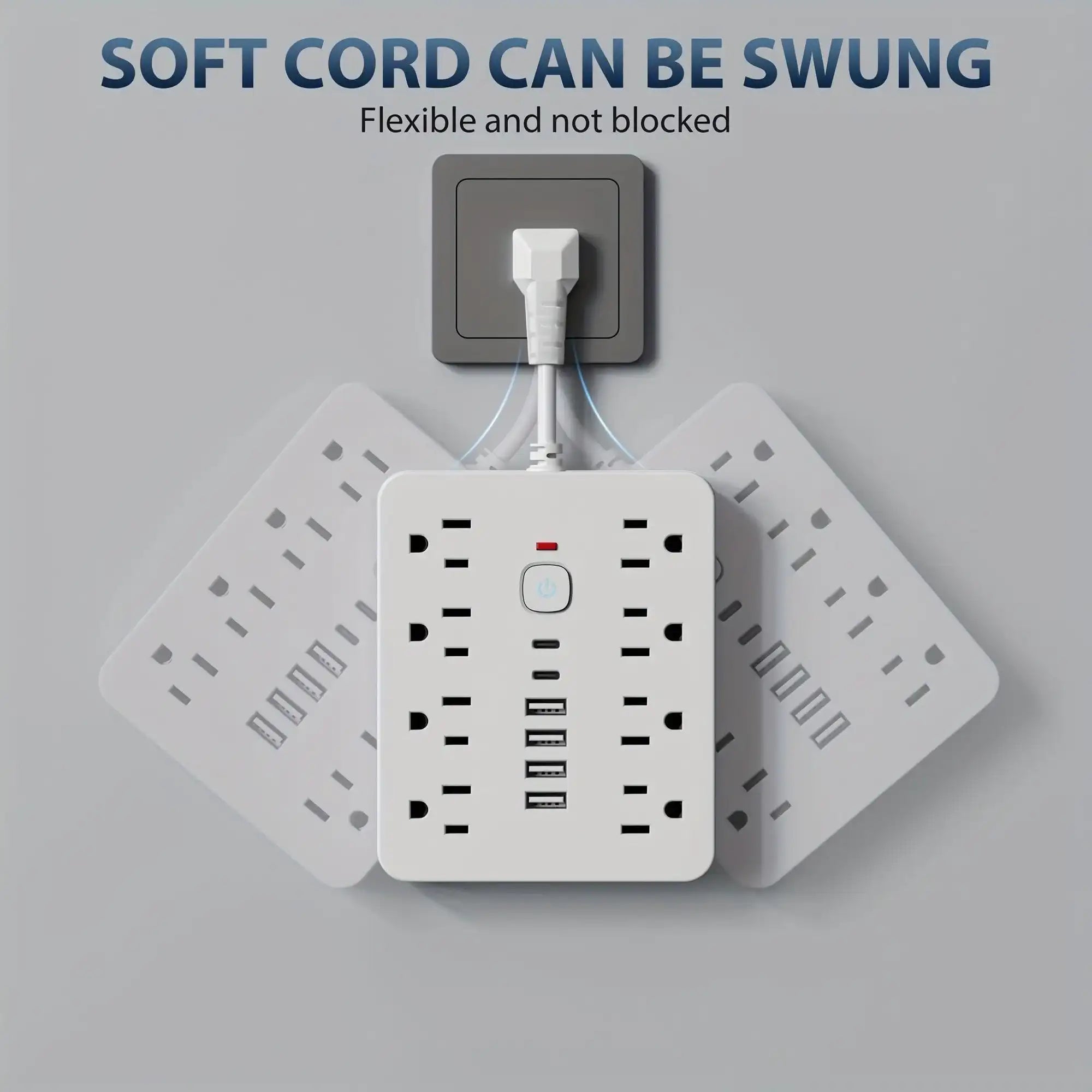 14-in-1 Wall-Mounted Power Strip with Overload Protection, One-Touch Control Switch, 8 AC Outlets & 6 USB Ports (Including 2 Type-C Ports) – Flexible Soft Cord Design for Office, Home, or School Use, Office Charging Hub | M - PulinGO