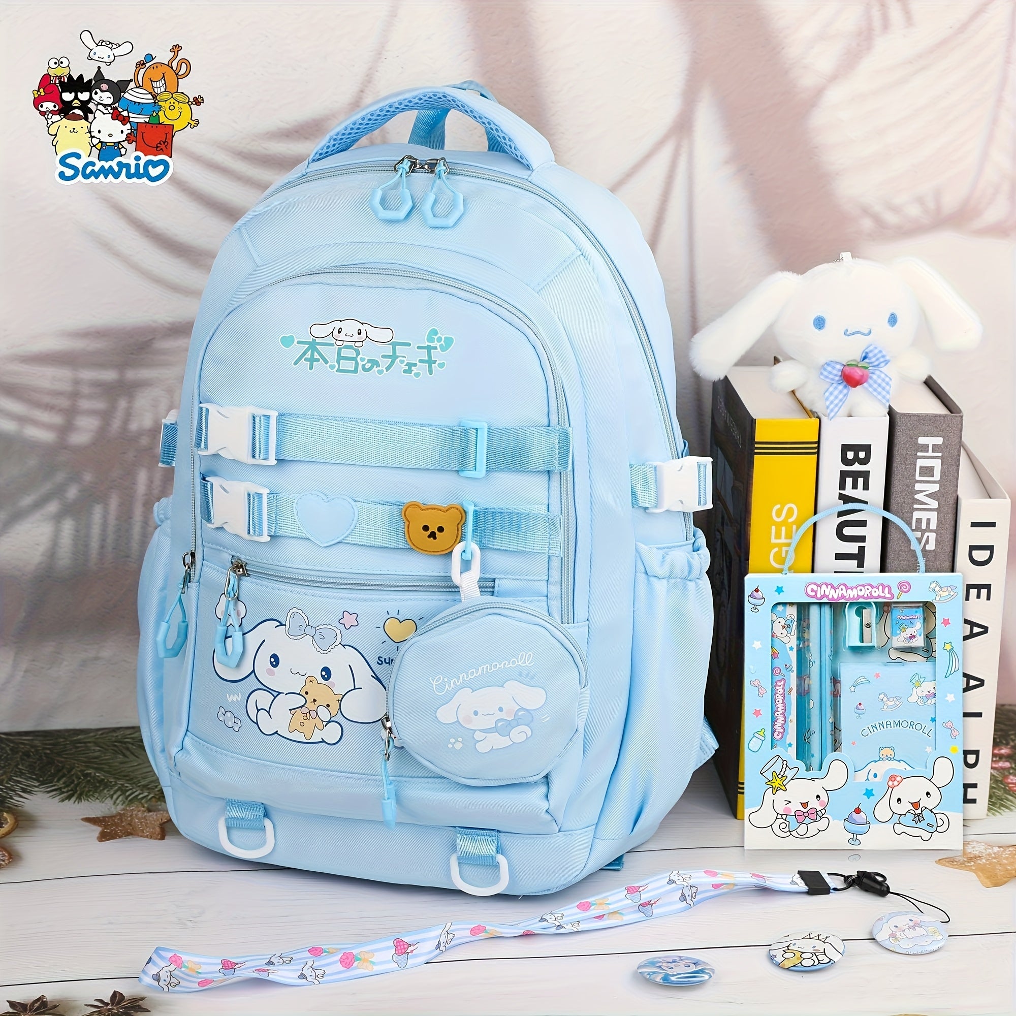 Sanrio Cinnamoroll & My Melody Large-Capacity Backpack Set – Includes Coat Purse, Stationery Set, Lanyard & 4 Badge Pins