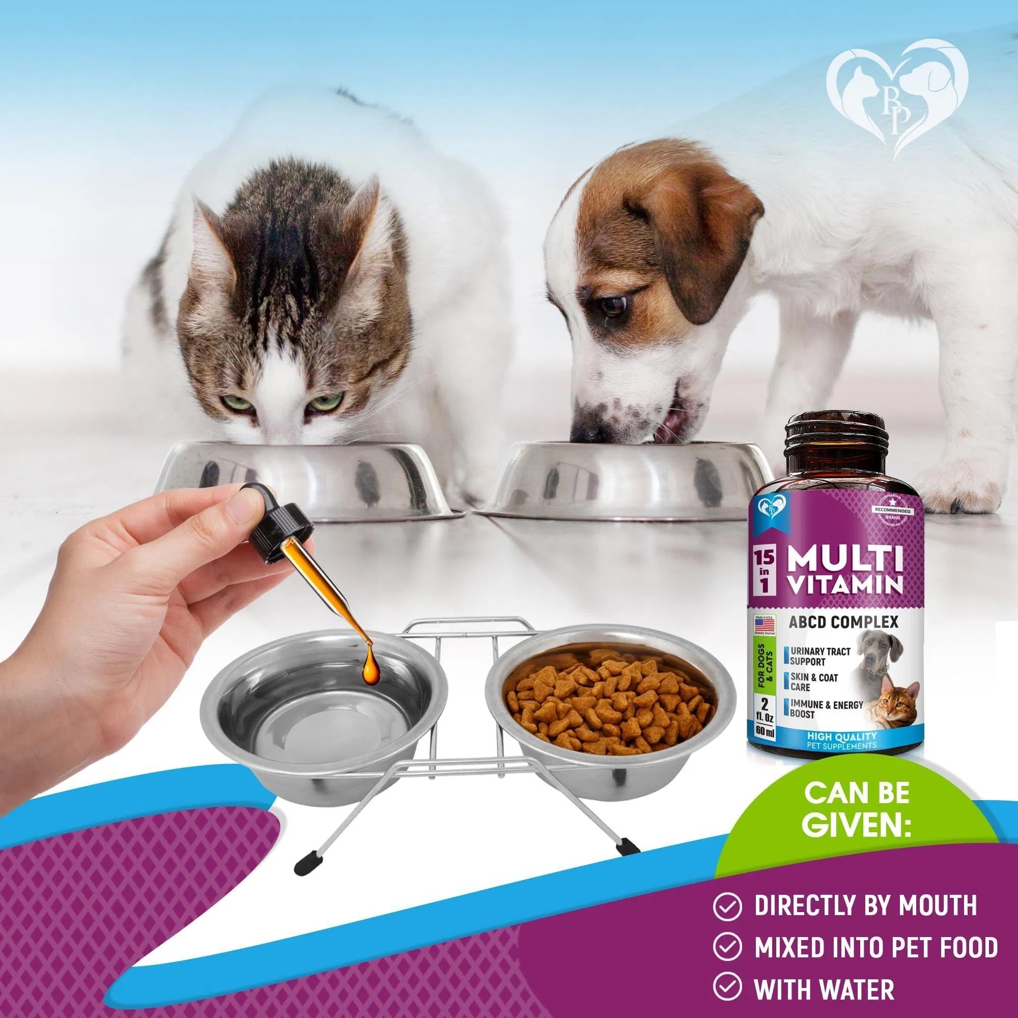 Cat & Dog Multivitamin Liquid – 15-in-1 Health Supplement with Glucosamine & Cranberry for Urinary, Kidney, Joint, Skin & Coat Support