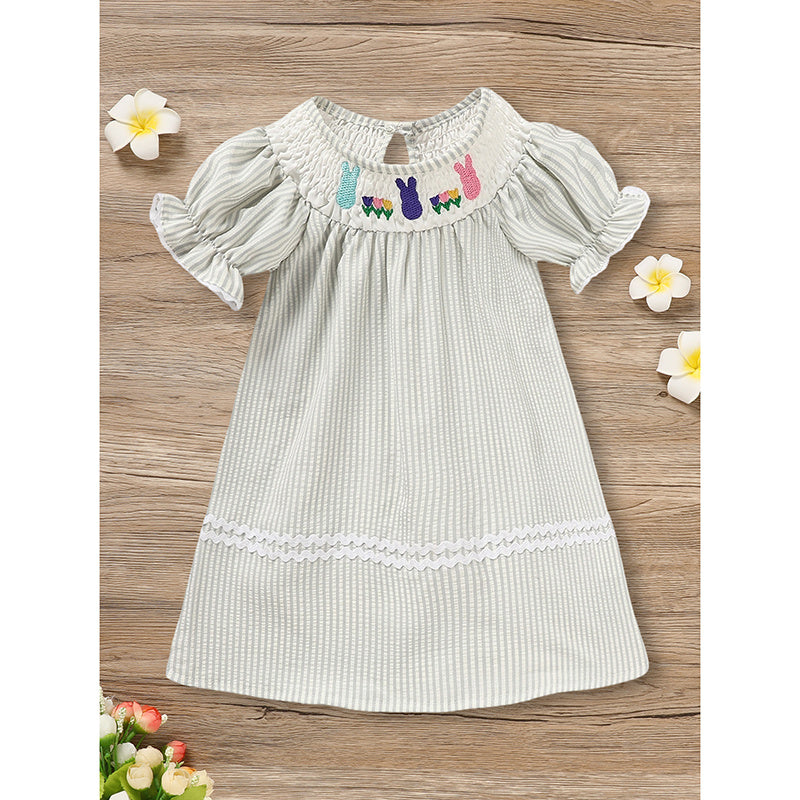 Infant Baby Girls Easter Bunny Smocked Dress – Embroidered Short Sleeve Summer Outfit