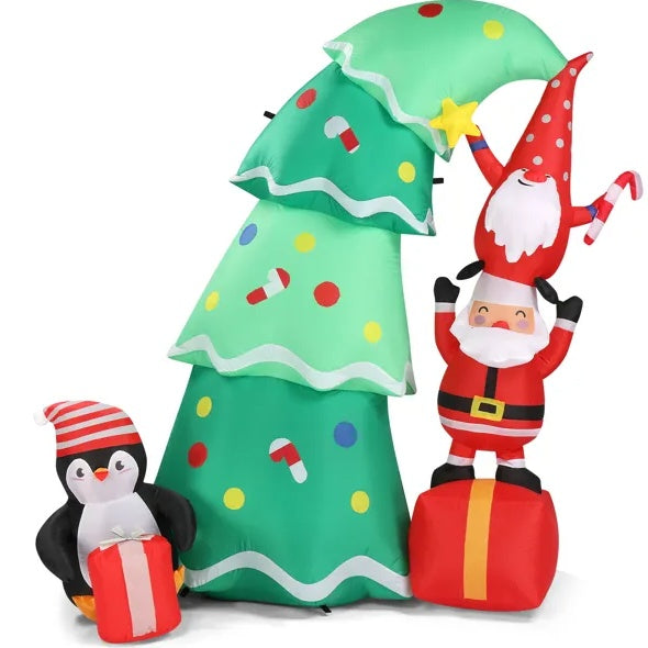 6-Ft Inflatable Christmas Tree with Elf & Santa – Lighted Outdoor Holiday Decoration