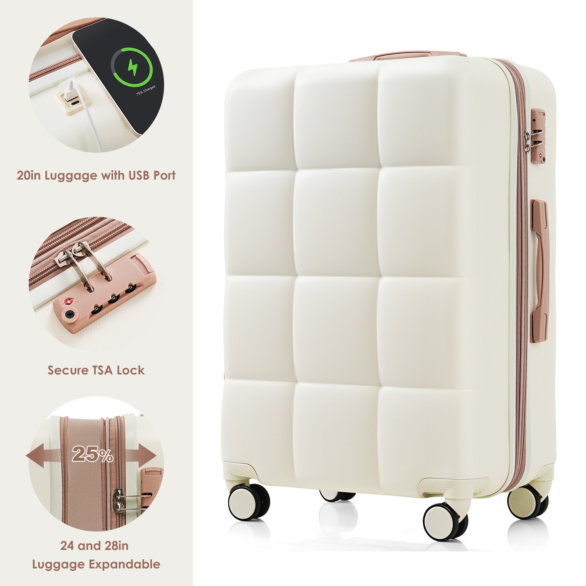 4-Piece Expandable ABS Suitcase Set with USB Port