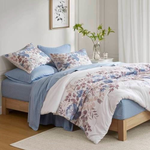 Floral Comforter Set with Bed Sheets – Queen Size, Blue Floral Design