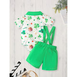Newborn Baby Boy St. Patrick’s Day Outfit ☘️ Clover Print Romper & Suspenders Pants Set (119 karakter ✅)