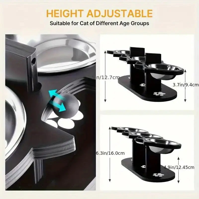 Anti-Vomiting Elevated Cat Bowls – Adjustable Stand with 3 Steel Dishes - PulinGO