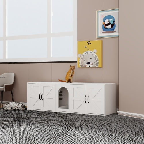 Modern Cat Litter Box Furniture – Double Room Wooden Cat Litter Enclosure with Cat Door, Stylish Indoor Pet Cabinet