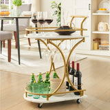 2-Tier Rolling Bar Cart with Wine Rack - Gold Metal & Mirror Serving Trolley