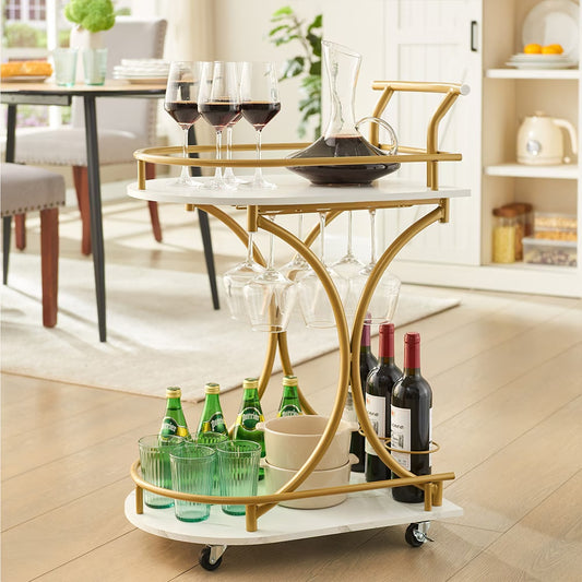 2-Tier Rolling Bar Cart with Wine Rack - Gold Metal & Mirror Serving Trolley