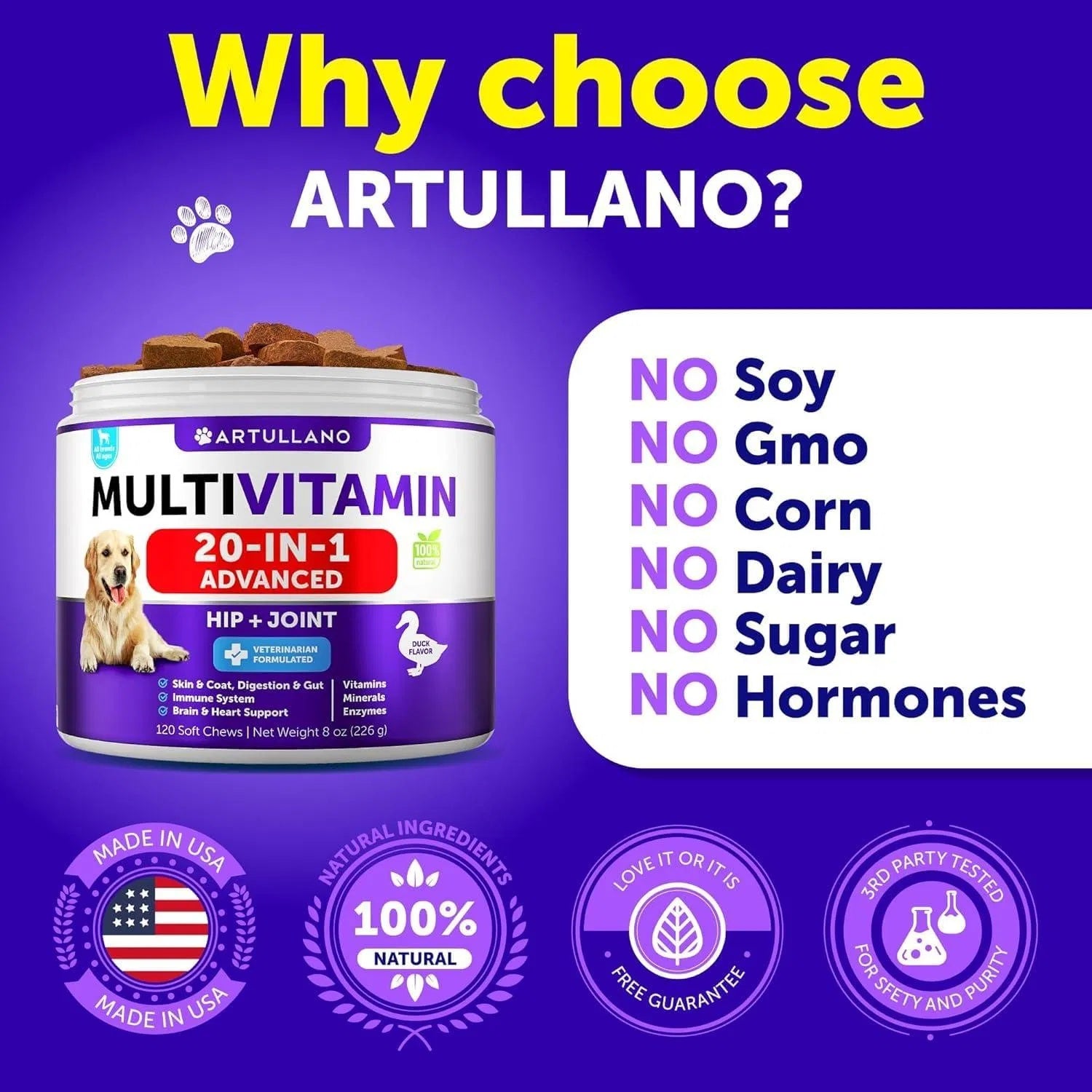 Dog Multivitamin Chews – 20-in-1 Vitamins with Glucosamine for Joint, Skin, Gut, Immunity & Mobility (120 Chews)