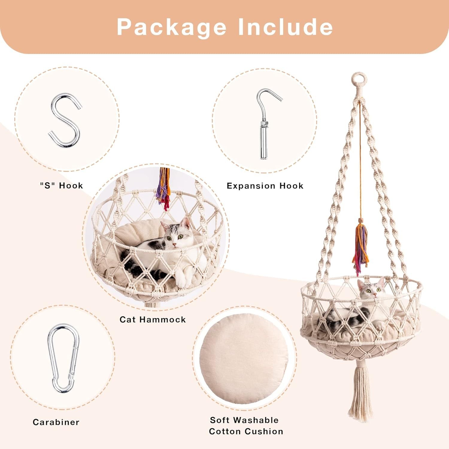 Mewoofun Boho Macrame Cat Swing – Handwoven Hanging Bed with Soft Mat & Toy, Decorative Hammock for Indoor Cats