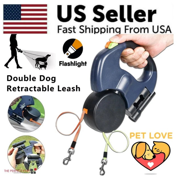 Dual Pet Leash – Retractable Reflective Double Dog Walking Leash with 360° Swivel for Safe & Tangle-Free Walks