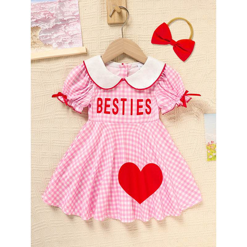 Sweet Baby Toddler Girls Short Sleeve Letter & Heart Print Doll Collar Dress with Matching Headband