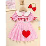 Sweet Baby Toddler Girls Short Sleeve Letter & Heart Print Doll Collar Dress with Matching Headband