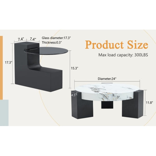 Modern Double-Layer Round Coffee Table ☕ Transparent Gray Glass Top with Black MDF Legs – Space-Saving Design