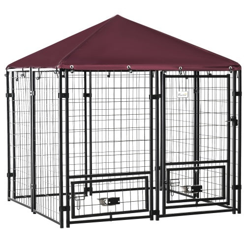 Outdoor Kennel with Rotating Bowl Rack – Walk-In Welded Steel Dog Playpen with Waterproof UV-Resistant Awning