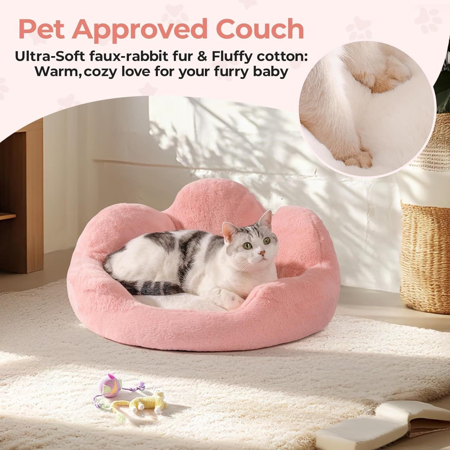 Mewoofun Fluffy Cat Couch Bed – 23" Round Washable Sofa with Non-Slip Bottom for Indoor Cats & Small Dogs