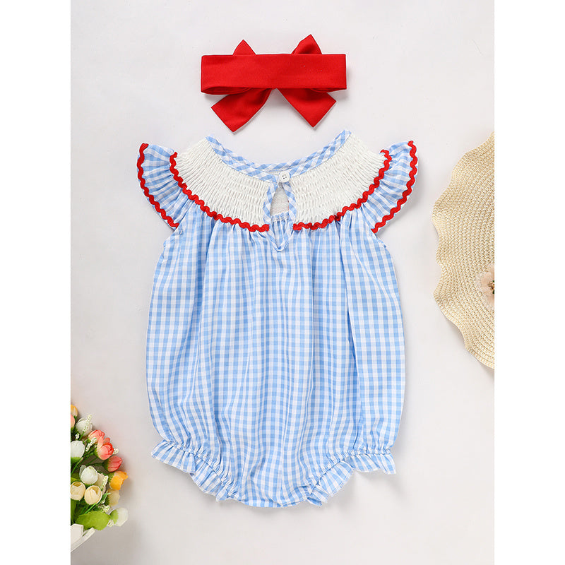 Baby Girl 4th of July Outfit – American Flag Embroidered Smocked Bubble Romper with Matching Headband
