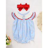 Baby Girl 4th of July Outfit – American Flag Embroidered Smocked Bubble Romper with Matching Headband