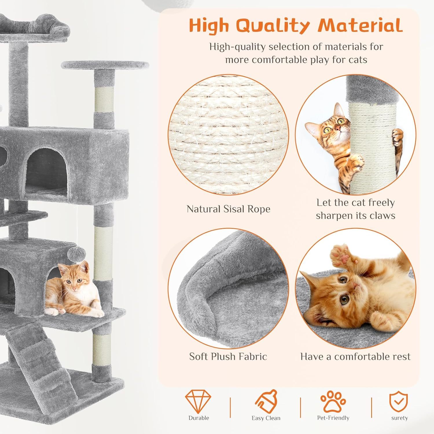 54" Cat Tree Tower – Multi-Level Activity Center with Sisal Scratching Posts, Plush Toys, Ladder & Resting Platforms