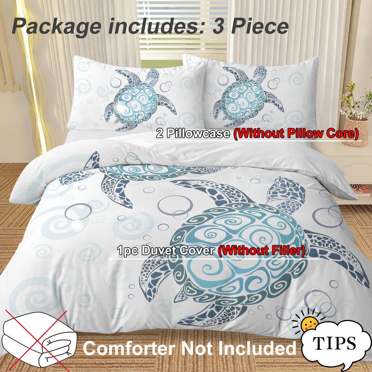 Ocean Turtle 3‑Piece Comforter Set – Turtle‑Themed Bedding with 2 Pillowcases (Queen Size)