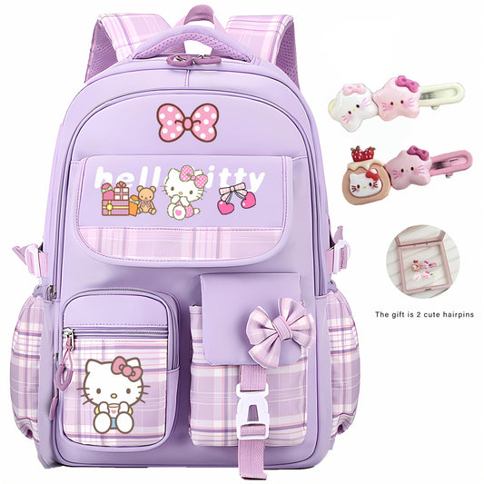 Sanrio Hello Kitty Large Capacity Laptop Backpack with Adjustable Straps & 2 Free Hairpins – Purple Plaid Print
