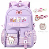 Sanrio Hello Kitty Large Capacity Laptop Backpack with Adjustable Straps & 2 Free Hairpins – Purple Plaid Print