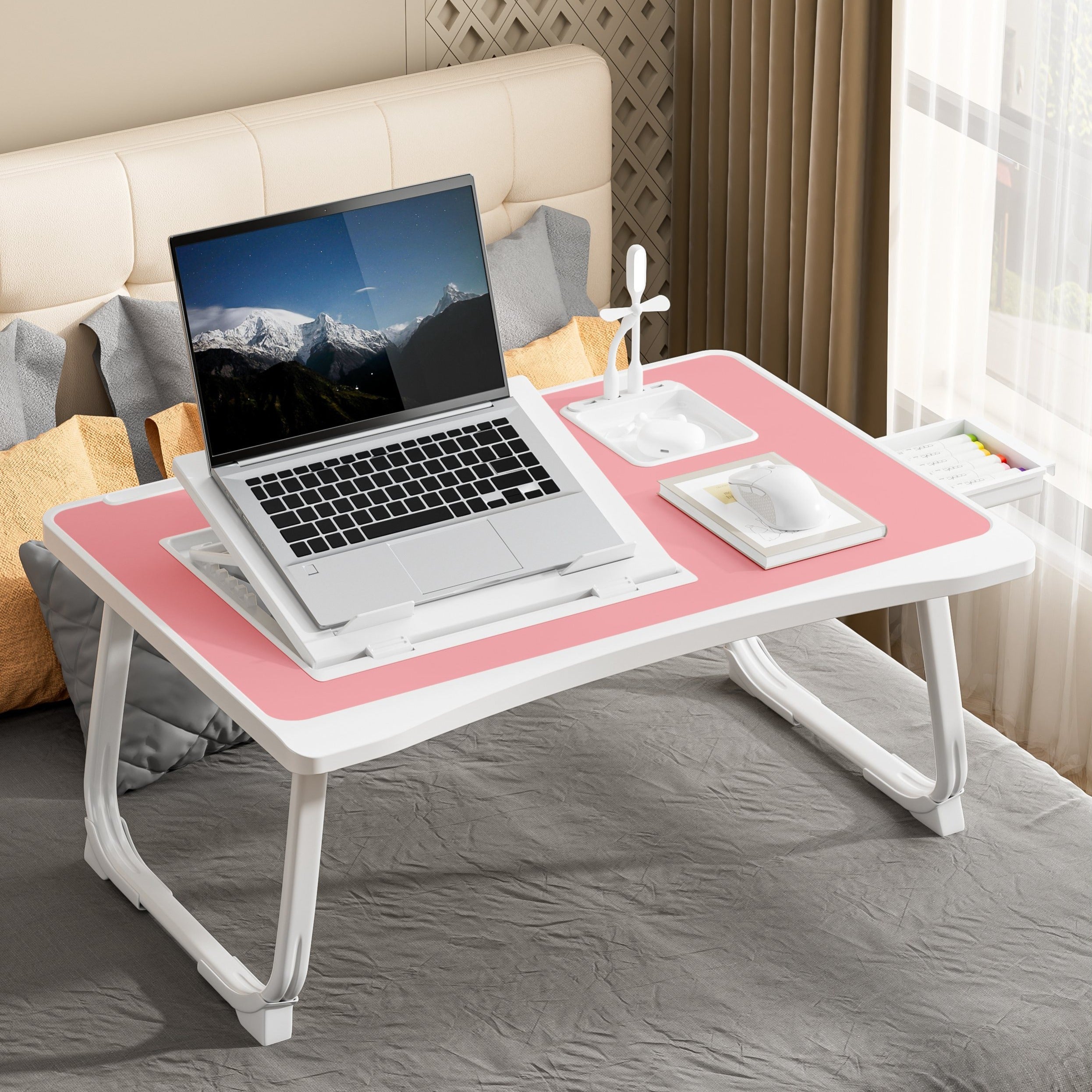 Foldable Laptop Desk for Bed or Couch – Work-from-Bed Table with Cup Holder, Drawer & Adjustable Legs