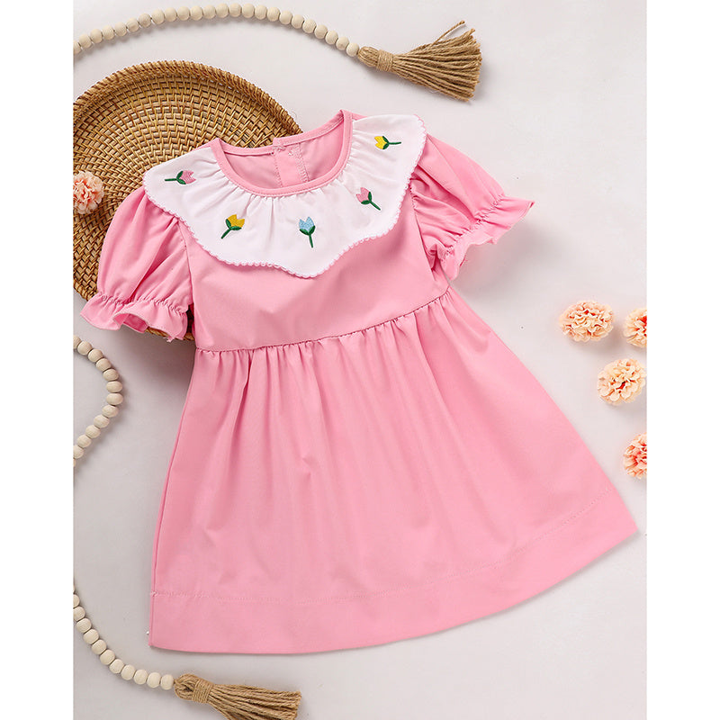Toddler Baby Girl Spring Tulip Smocked Short Sleeve Dress with Lovely Tulip Embroidery – Princess Outfit